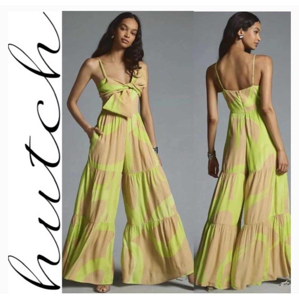 Hutch Wide Leg Jumpsuit Women 6 Lime Green Tan Excellent Tiered Bow Abstract